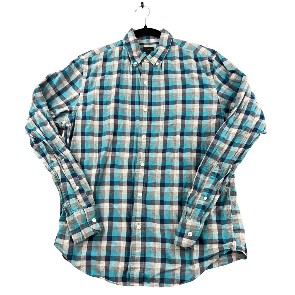 J.Crew Mens Teal Navy Grey Plaid Cotton Button Down Shirt Size M 07036